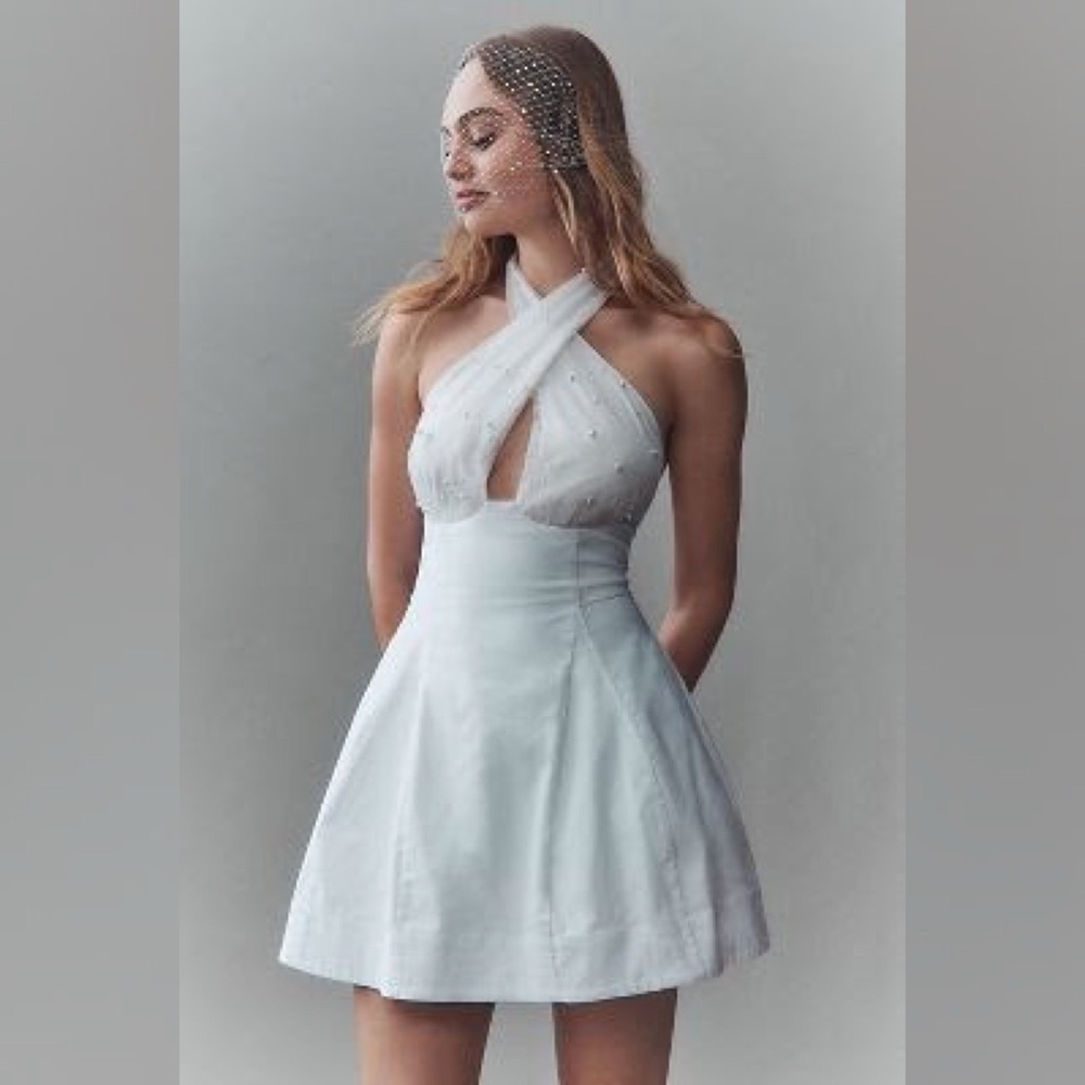 New BHLDN White Pearl-Embellished Halter Mini Dress